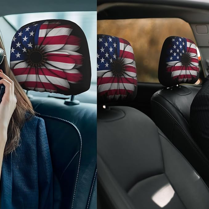 Dujiea 2 Pack American Flag Daisy Car Headrest Covers, Universal Soft Car Seat Head Rest Cover Protector, Vehicle Accessories Fabric Headrest Cover for Cars Vans Trucks