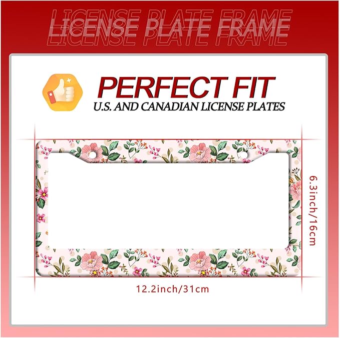 Bright Pink Flowers License Plate Frame Colorful Floral License Plate Frames Funny Auto Accessory Bracket Stainless Steel Cute License Plate for Women 6.3 x 12.3 Inch