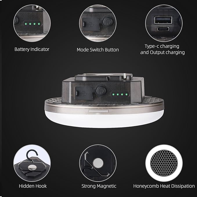 12000mAh (45W) Camping Hanging Tent Light Emergency Power Outage Lantern Home Use 4000LM 3 Modes IPX5 Waterproof Outdoor Walking Rock Climbing Work Rechargeable Camping Light