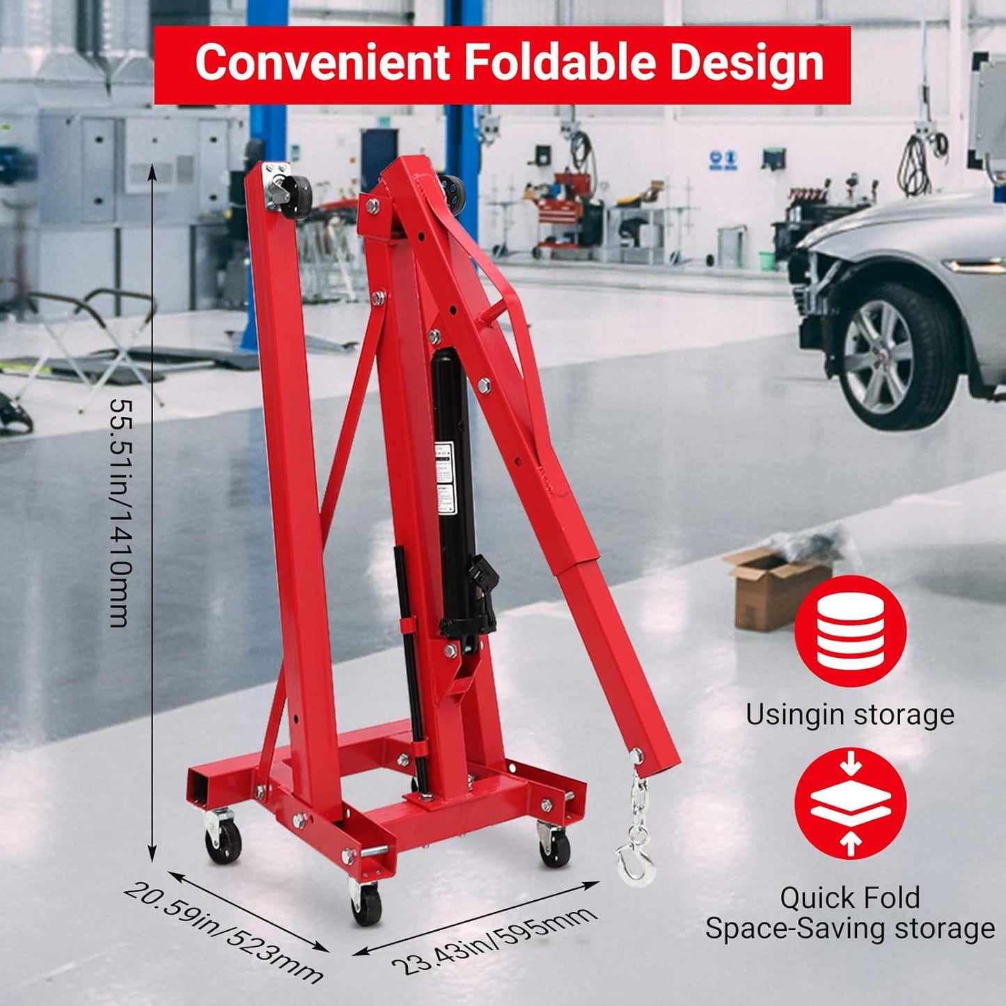 Engine Hoist 2 Ton,Cherry Picker Engine Hoist,Folding Hydraulic Tilting Engine Lift with 360 Degree Swivel Wheels for Ports, Warehouses, Garage, Factory