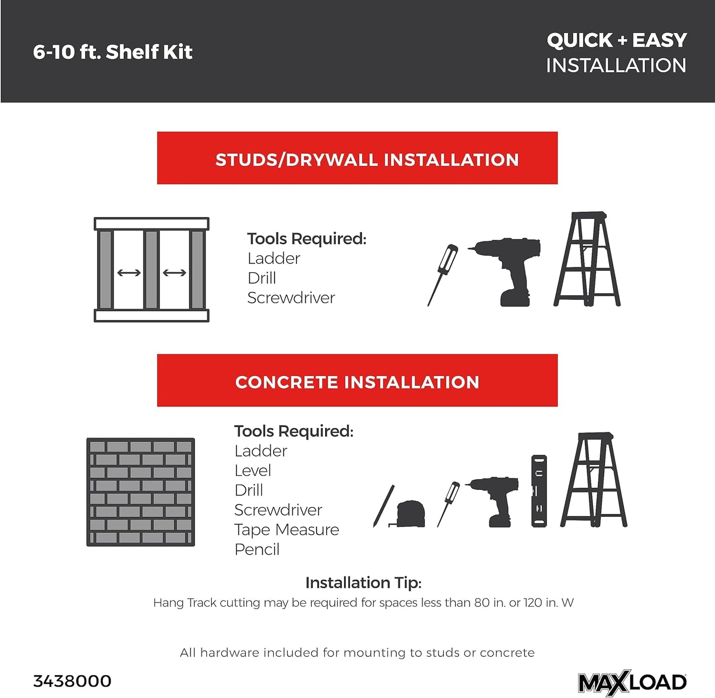 ClosetMaid MaxLoad Heavy Duty Wall Shelf Kit for Garage, 6 – 10 Ft., Adjustable ShelfTrack Wire Shelving, Black Finish