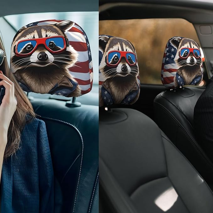 Dujiea 2 Pack Raccoon American Flag Car Headrest Covers, Universal Soft Car Seat Head Rest Cover Protector, Vehicle Accessories Fabric Headrest Cover for Cars Vans Trucks