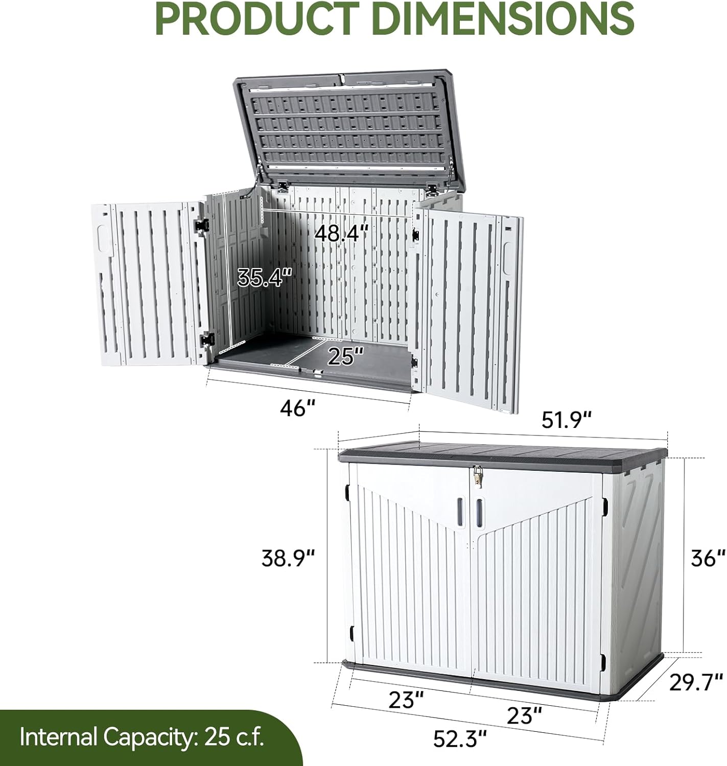 Aoxun 35 Cu.Ft Outdoor Storage Shed, Waterproof Horizontal Resin Cabinet for Trash Cans, Lawn Mowers, Generators, and Garden Tools, White