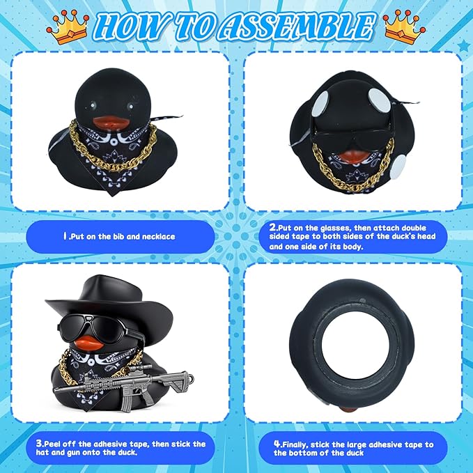 BOZILY Black Cowboy Cool Rubber Duck Car Dashboard Decoration with Hat, Sunglasses, Bandana, Necklace, Gun Model& Adhesive Tapes - for Car Accessories
