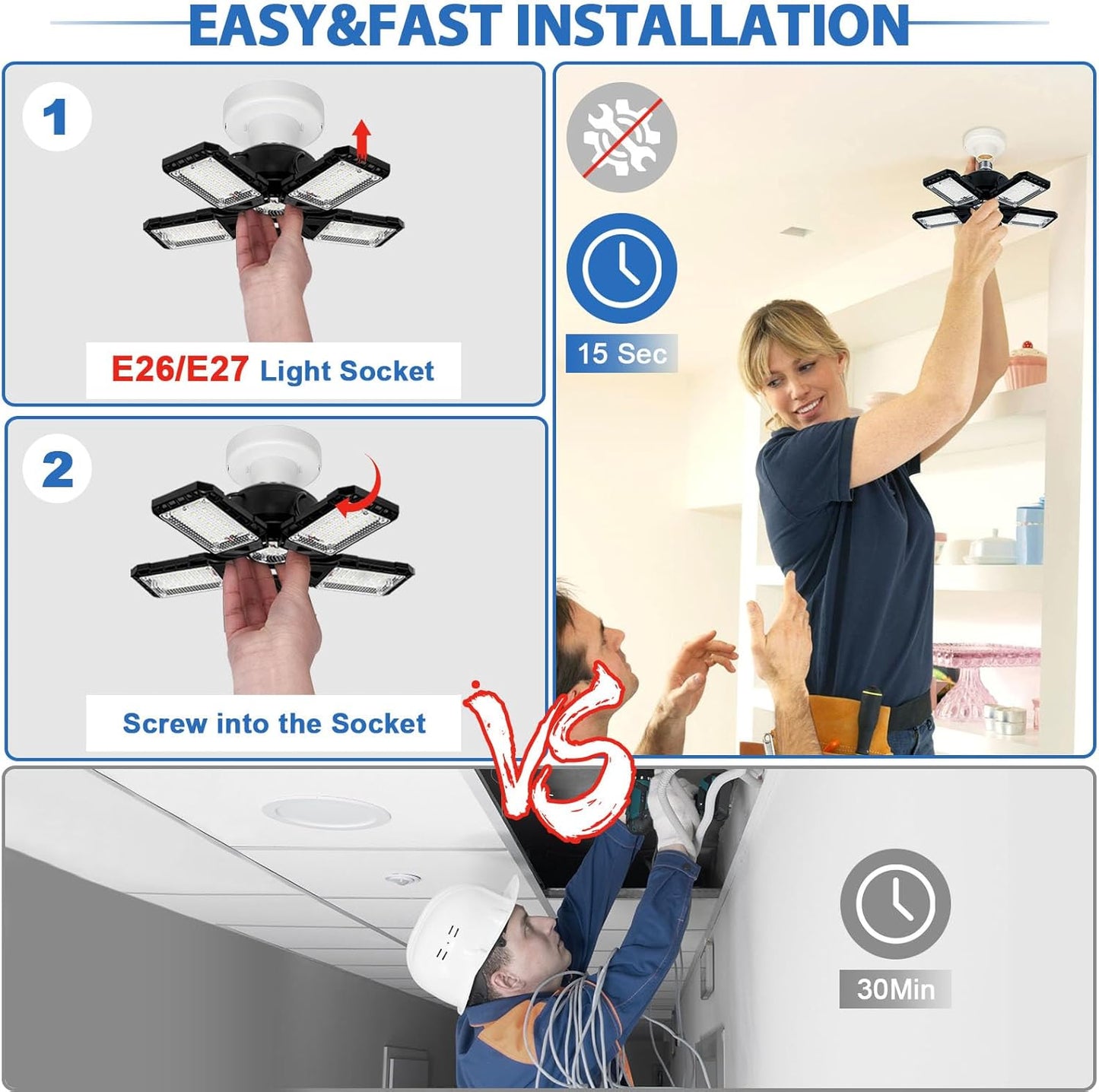 2-Pack LED Garage Lights - 160W, 16000LM 6500K with 5+1 Deformable Panels, Indoor Shop Light, E26/E27 for Garage, Warehouse, Shop, Basement