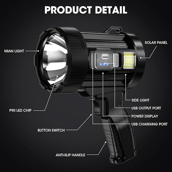 Rechargeable Spotlight, 99,000 Lumens Super Bright Handheld Led Flashlight, Outdoor Spot Light with Cob Light and Solar Panelsfor Boating Camping