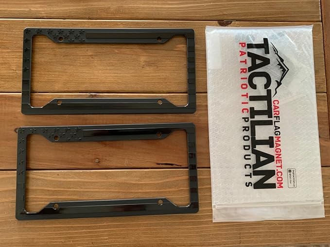TACTILIAN American Flag License Plate Frame (2 Pack) Subdued 3D Embossed USA Flag in Black Gloss on Matte Finish for Car, Truck or SUV (Gloss on Matte Black)