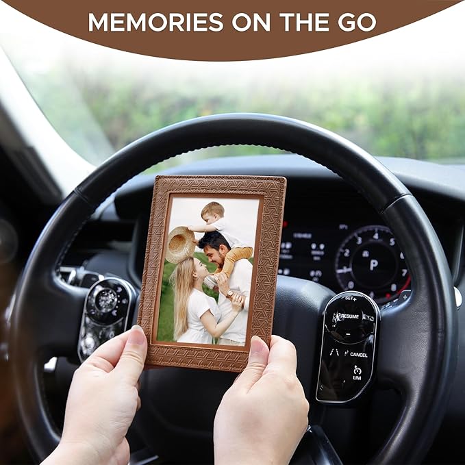 KINIVA 2 Pack Car Picture Holder - Magnetic Faux Leather Picture Frame for Safe Driving - Gift for Dad Mom Husband Wife Car Visor Accessories, Car Accessory (Fits 2.5"x3.5" Photos) (Brown)