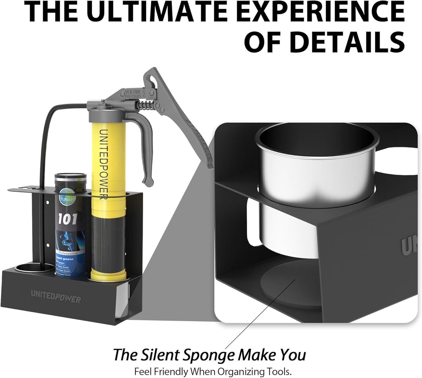 UNITEDPOWER Grease Gun Holder, Wall Mount Grease Gun Storage Rack, Organizer for Workshop, Shop, Garage with Removable Drip Cups & Spare Cartridge Holder