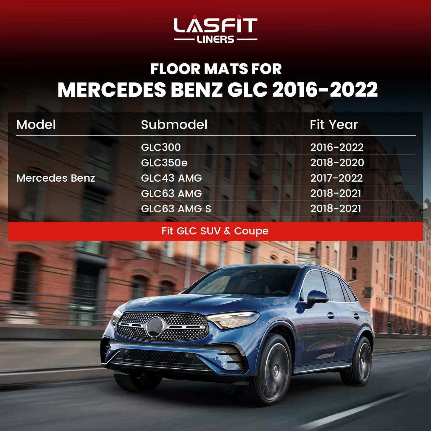 LASFIT Floor Mats for Mercedes Benz GLC 2016-2022, GLC300 / GLC350e / GLC43 AMG / GLC63 AMG / GLC63 AMG S, Custom Fit All Weather TPE Mercedes GLC SUV&Coupe Floor Liners, 1st & 2nd Row Set, Black