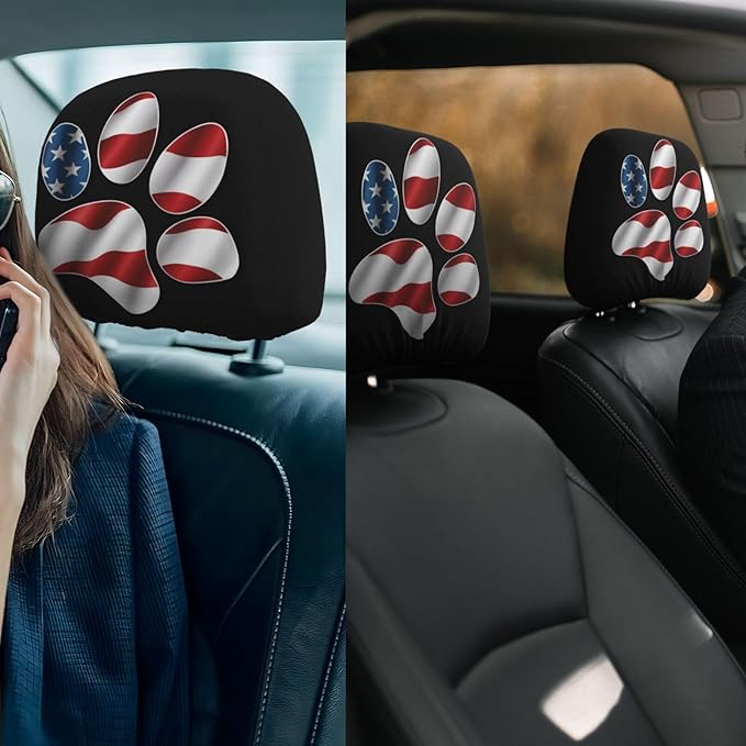 Dujiea 2 Pack USA Paw America Flag Car Headrest Covers, Universal Soft Car Seat Head Rest Cover Protector, Vehicle Accessories Fabric Headrest Cover for Cars Vans Trucks