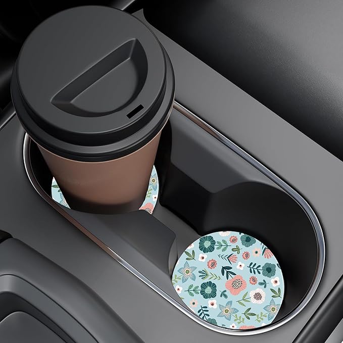 Vintage Floral Patterns Car Cup Holder Coaster, Car Coasters for Cup Holder, 2 Pack Cute Retro Flowers Anti-Slip Absorbent Ceramic Car Cup Coasters for Women Men with Finger Notch Cork Base 2.56"