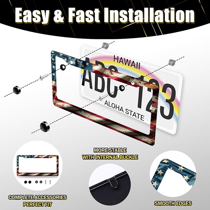 American Flag License Plate Frame Patriotic License Plate Stainless Steel Funny USA Flag Accessories Cars Decor for Men Women 12.2 X 6.2 Inch with 2 Holes and Screws Fits Standard Us Ca Vehicles