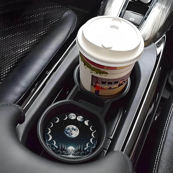 ABLESKY Car Coasters for Cup Holders, 2 Pack Absorbent Anti Slip Car Cup Holder Coasters, 2.56 Inch Ceramic Universal Size Auto Interior Accessories Women Men-Black Moon Forest Phase