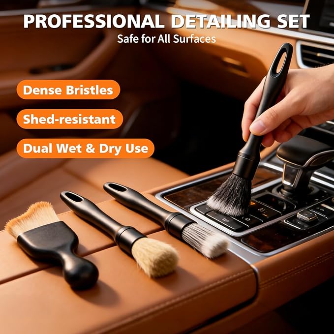 8PCS Car Detailing Brush Set, Ultra Soft Boars Hair Car Interior Detailing Brushes, Premium Car Wash Brush Kit for Professional Results Car Duster Interior or Exterior, Car Accessories Interior Tools