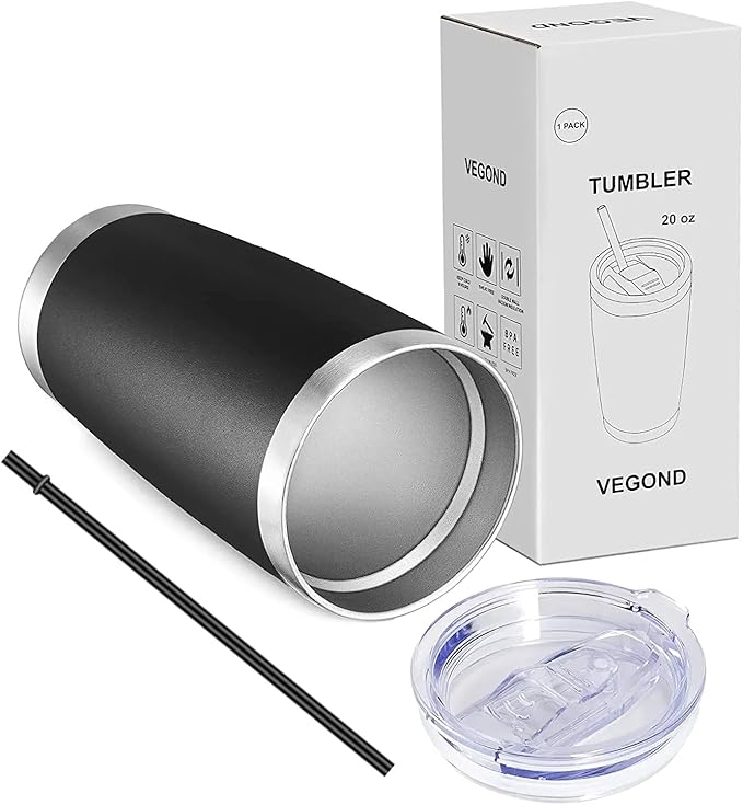 VEGOND 20oz Tumbler with Lid and Straw Stainless Steel Tumbler Cup Bulk Vacuum Insulated Double Wall Travel Coffee Mug Powder Coated Coffee Cup(Black 6 Pack