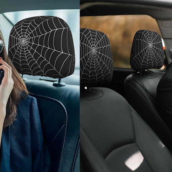 Dujiea 2 Pack White Spider Web Car Headrest Covers, Universal Soft Car Seat Head Rest Cover Protector, Vehicle Accessories Fabric Headrest Cover for Cars Vans Trucks