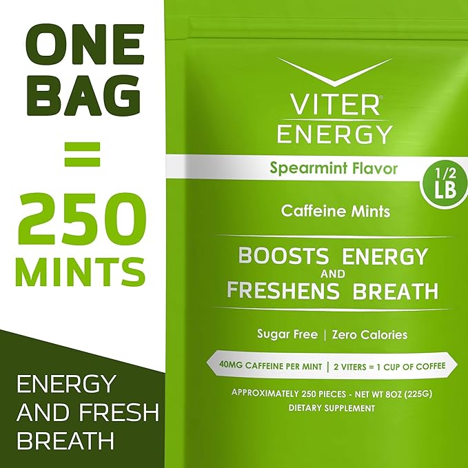 Viter Energy 40mg Caffeine Mints - Sugar Free, B Vitamins, Vegan, Boosts Fast Energized Alert Focus, Caffeinated Nootropic Supplement Pills (Spearmint Flavor, 8oz, Bulk Bag)