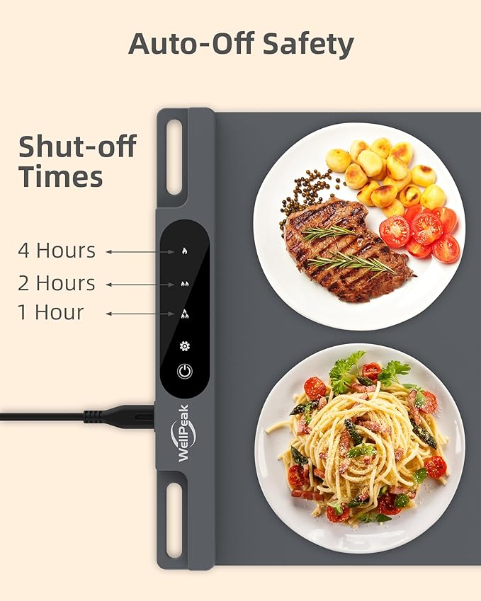 Electric Warming Mat for Food - Full Surface Fast Heating Silicone Tray with 3-Level Temperature, Auto-Off, Raised Feet for Table Protection, Versatile Warmer for Gatherings, Party, Home Buffet, Gray
