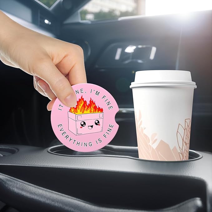Car Cup Holder Coasters, 2 Pack Universal Auto Anti Slip Insert Coaster with A Finger Notch, Cup Mat for Most Car Interior, Pink Cute Dumpster