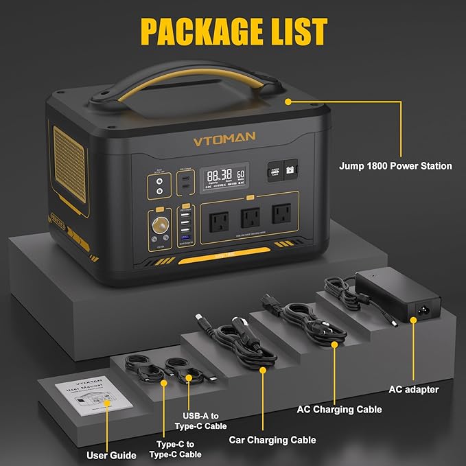 VTOMAN Jump 1800 Portable Power Station, 1548Wh LiFePO4 Solar Generator 1800W (Peak 3600W) Constant-Power Battery Power Station, Regulated 12V DC, 2 PD 100W Type-C for Home Backup & RV/Van Camping