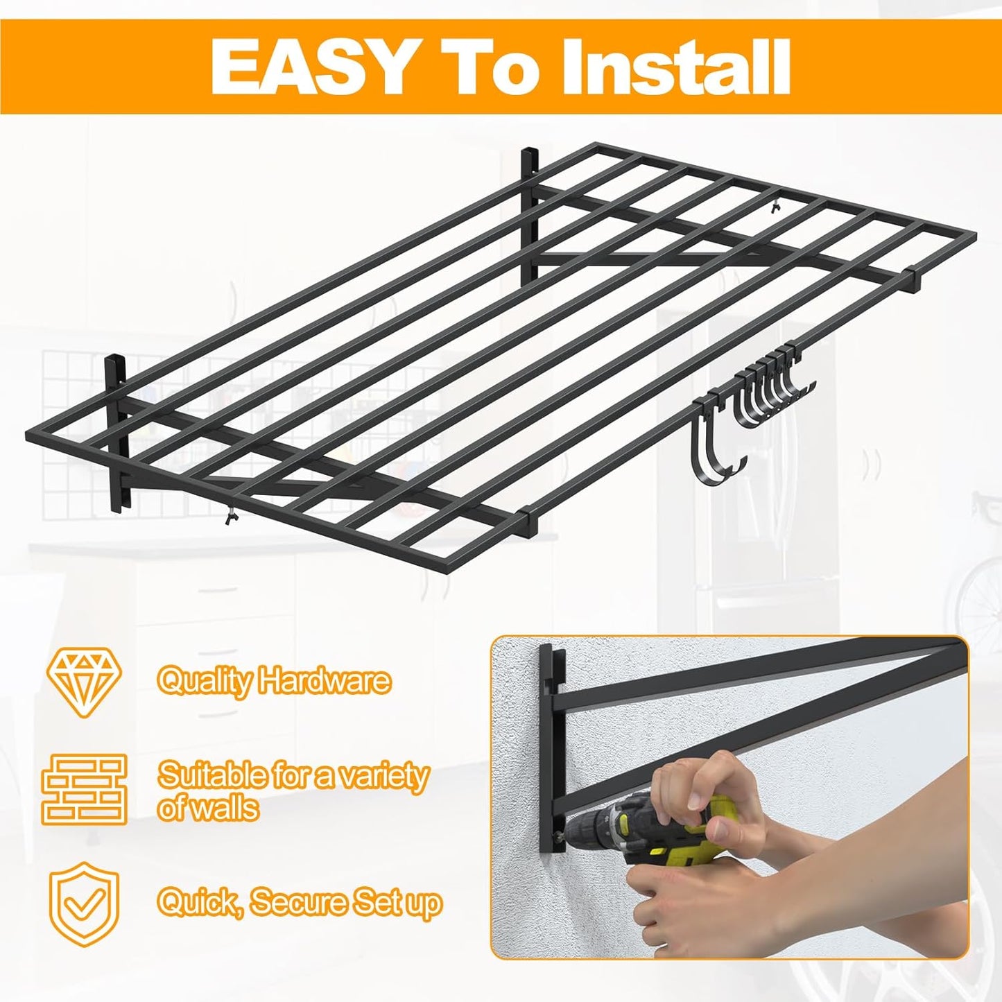 2-Pack 2×4ft Steel Garage Wall Shelving, 500lbs Each Load Capacity, Black, Hooks, Tool & Equipment Storage