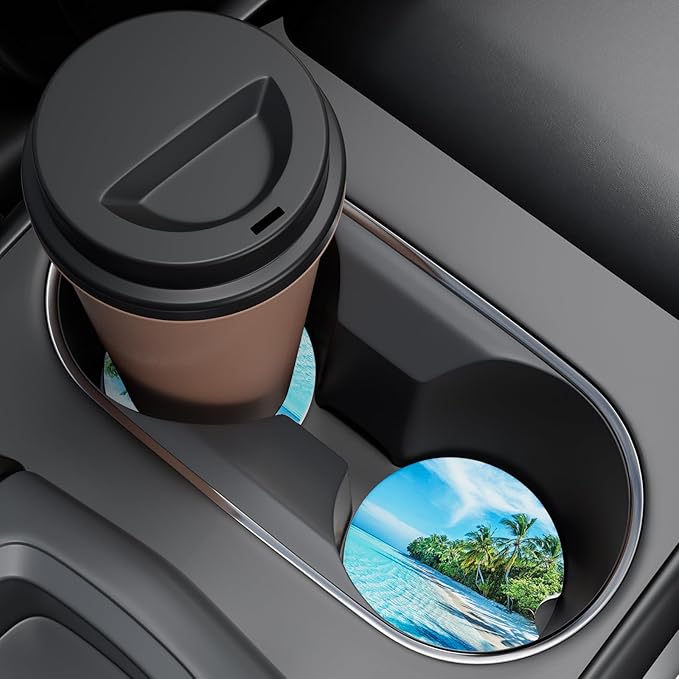 Car Cup Holder Coaster, Car Coasters for Cup Holders, 2 Pack Universal Anti Slip Insert Absorbent Ceramic Auto Interior Accessories with A Finger Notch & Cork Base, Sky and Sea