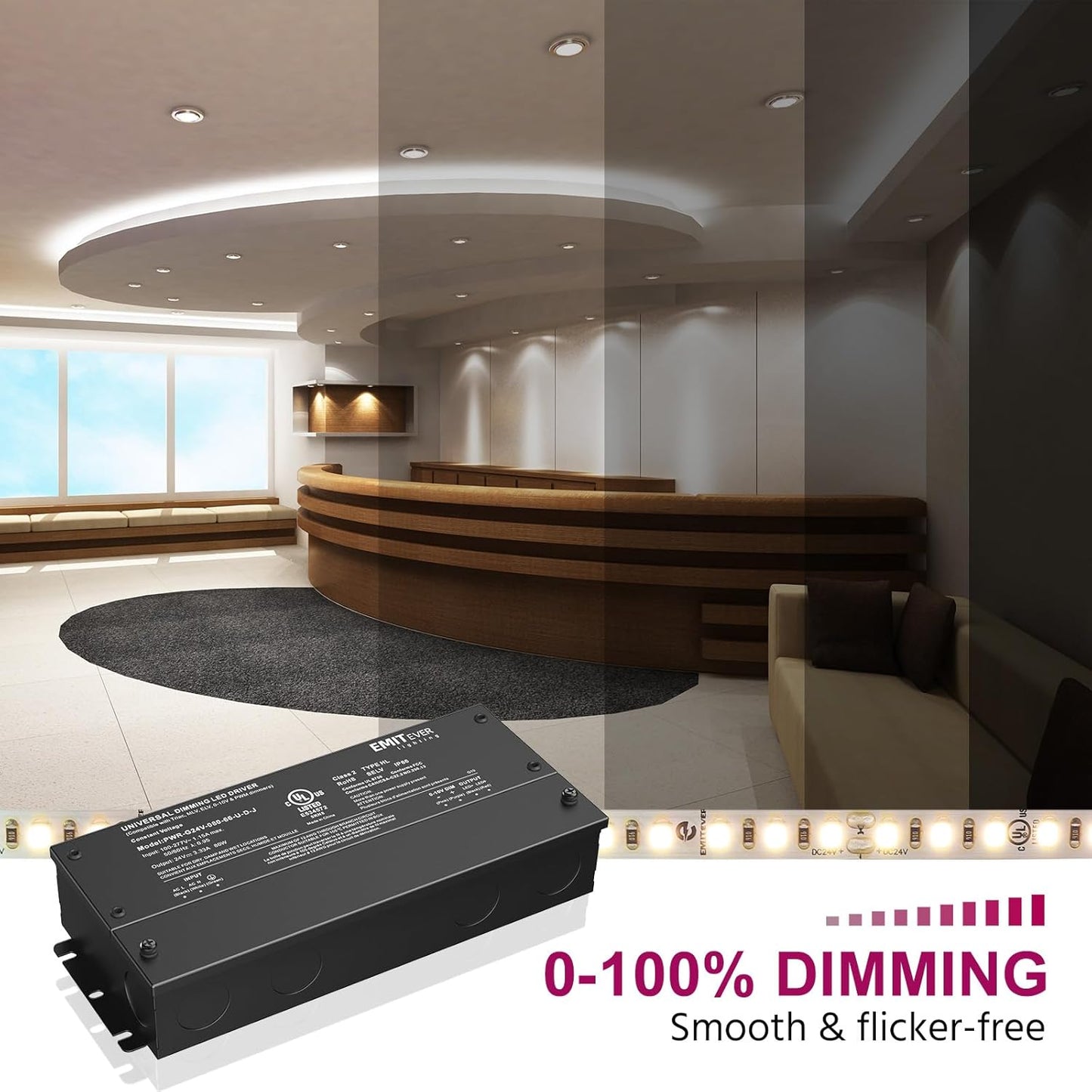 EMITEVER Dimmable Led Driver, 80W AC 110V-277V to DC 24V Transformer, 5-in-1 Dimming: ELV/MLV/TRIAC / 0-10V / 1-10V / 10V PWM/Potentiometer,Class 2,Waterproof IP67 and UL Listed,Class 2