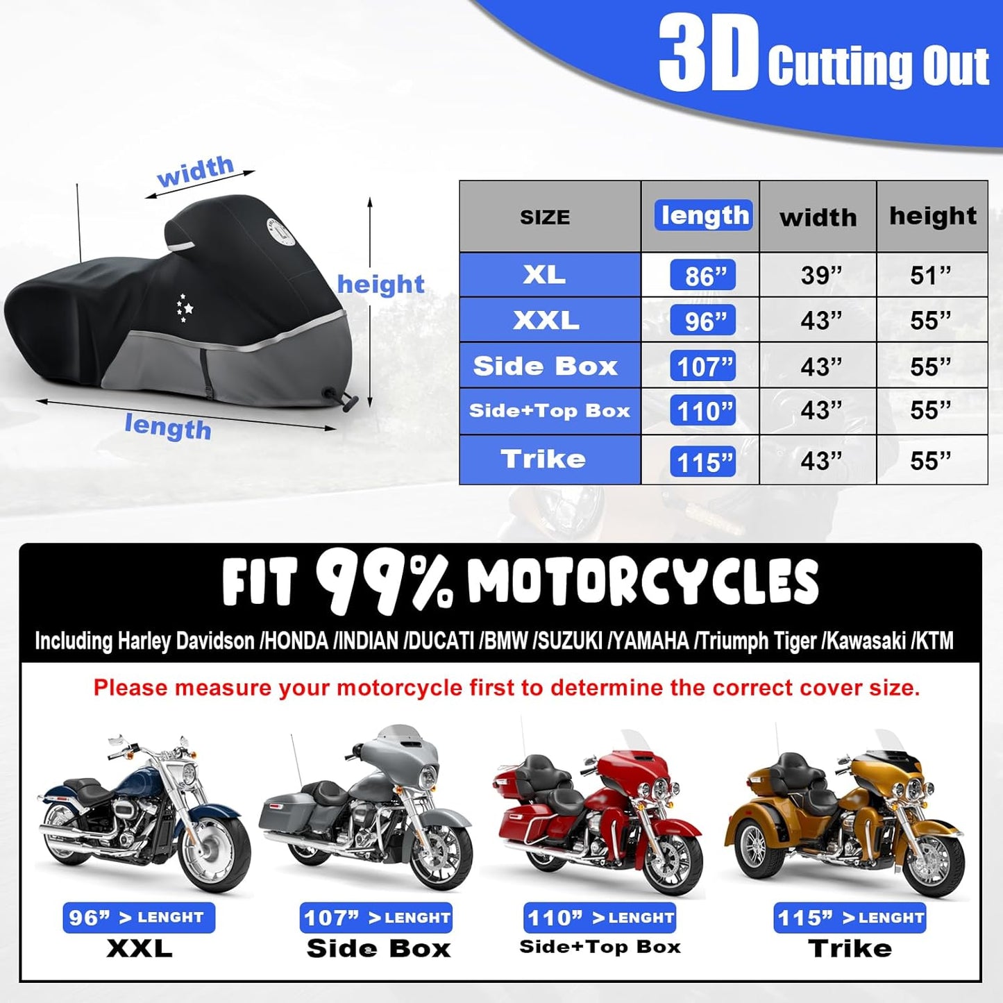 Motorcycle Cover 420D Heavy Duty All Season Universal Weather Waterproof Outdoor Protection 96" XXL Vehicle Cover/Black