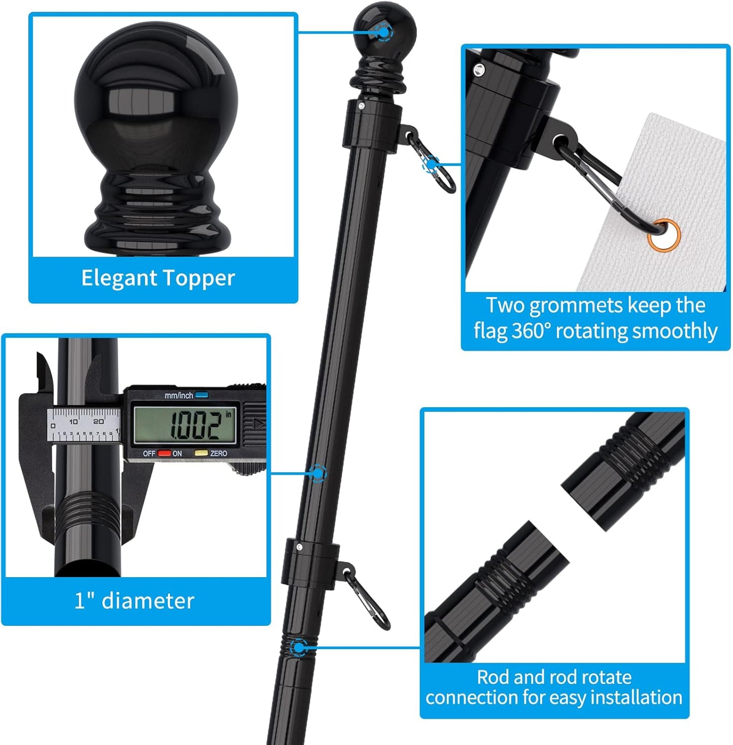 ZMTECH Flag Pole - Upgraded Bracket, 6 FT Stainless Steel Flag Poles for Outside House, Residential or Commerical, Tangle Free Flag Pole Kit for American Flag (Without Flag, Black)