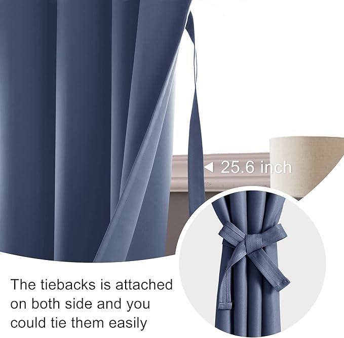 JIUZHEN Blackout Curtains for Bedroom– Thermal Insulated,Noise Reducing Room Darkening Privacy Drapes for Living Room, Set of 2 Panels with Tiebacks, 46 x 54 inch Long, Dusty Blue