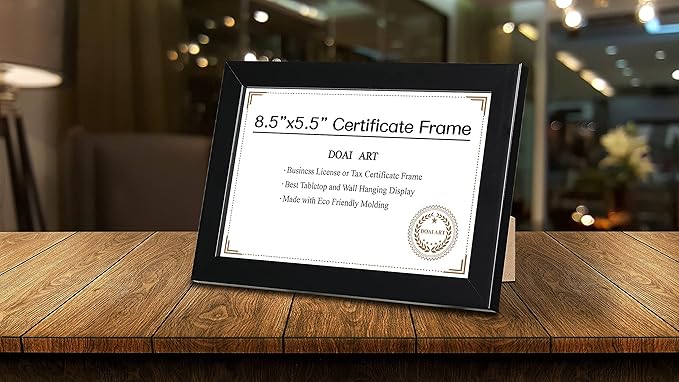DOAI ART 8.5 x 5.5 Business License Frame Black, Professionals 5.5 x 8.5 Certificate Frames Fit Diploma, Document and Tax Certificate Self Standing with Wall Hangers