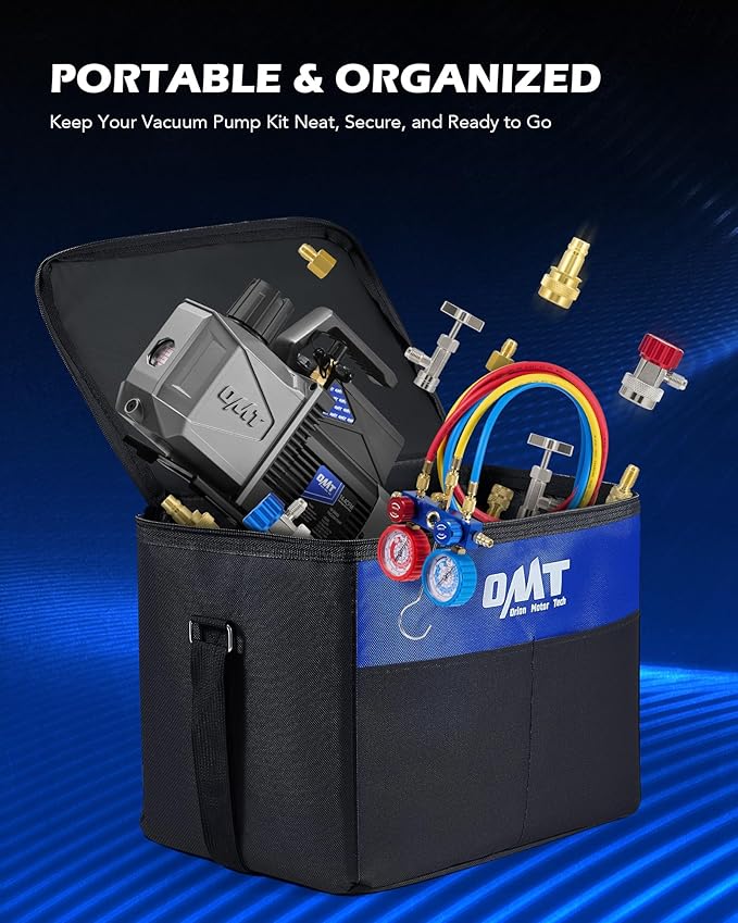 Orion Motor Tech A2L AC Vacuum Pump and Gauge Set, for R1234yf R32 R134a R410A Systems with 3.5 cfm Sparkless Ignition Proof Vacuum Pump, 3 Way AC Gauges Quick Couplers Can Taps Hoses Thermometer