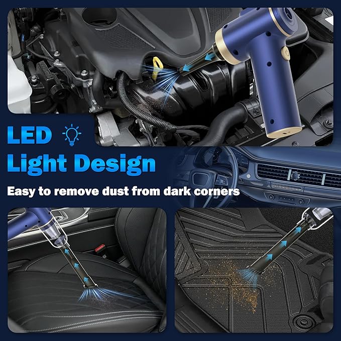 Handheld Car Vacuum Cleaner, 16000Pa Vacuum Cleaner and Air Duster, High Power Hand Held Vacuum with LED Light and Multi-Nozzles for Car,Home,Office,Pet(Blue)
