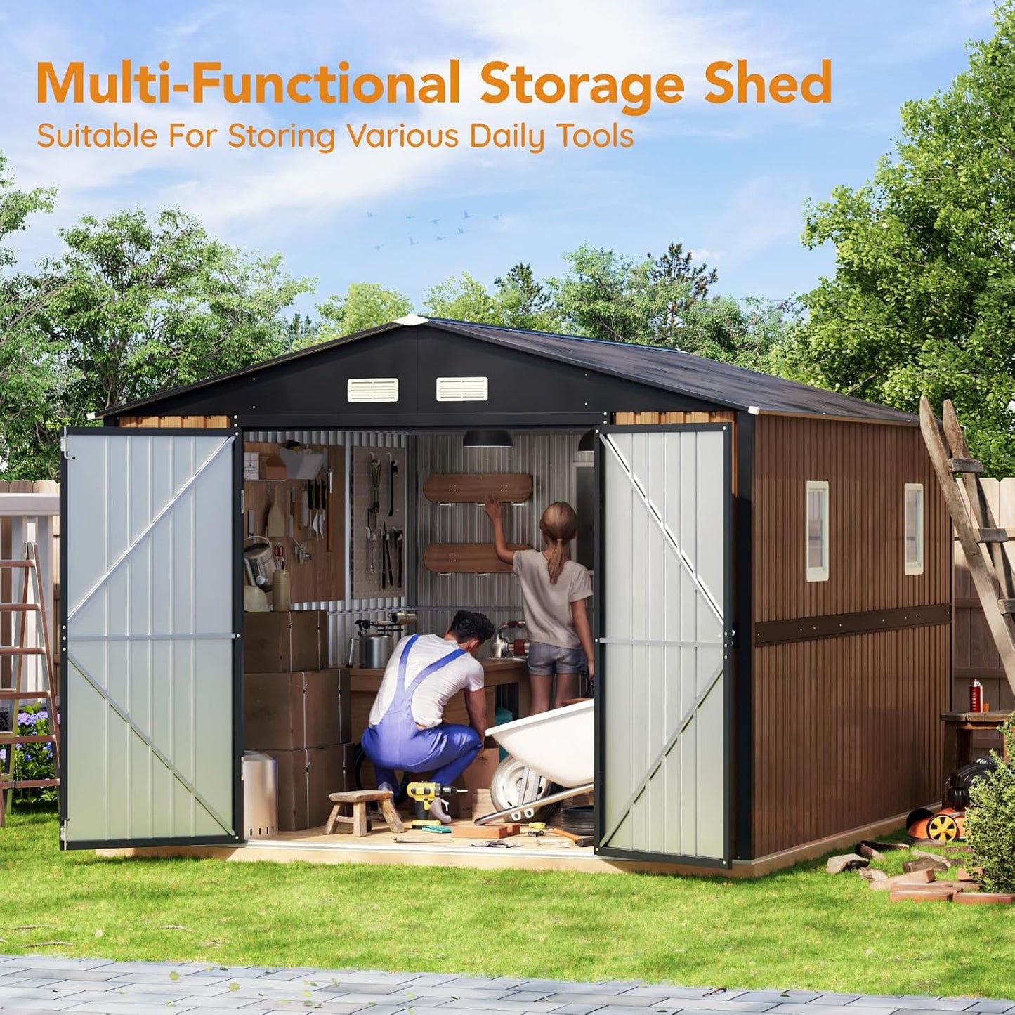 10X12 FT Outdoor Steel Storage Shed with Lockable Doors, 2 Windows, Garden Shed with Metal Frame Floor, Ideal for Backyard, Patio Storage,Chicken Coop(Wood Panels Not Included)