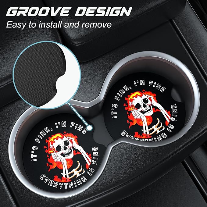 Car Cup Holder Coasters, 2 Pack Universal Auto Anti Slip Insert Coaster with A Finger Notch, Cute Car Assecories for Women Men, Cup Mat for Most Interior, Fine Skull