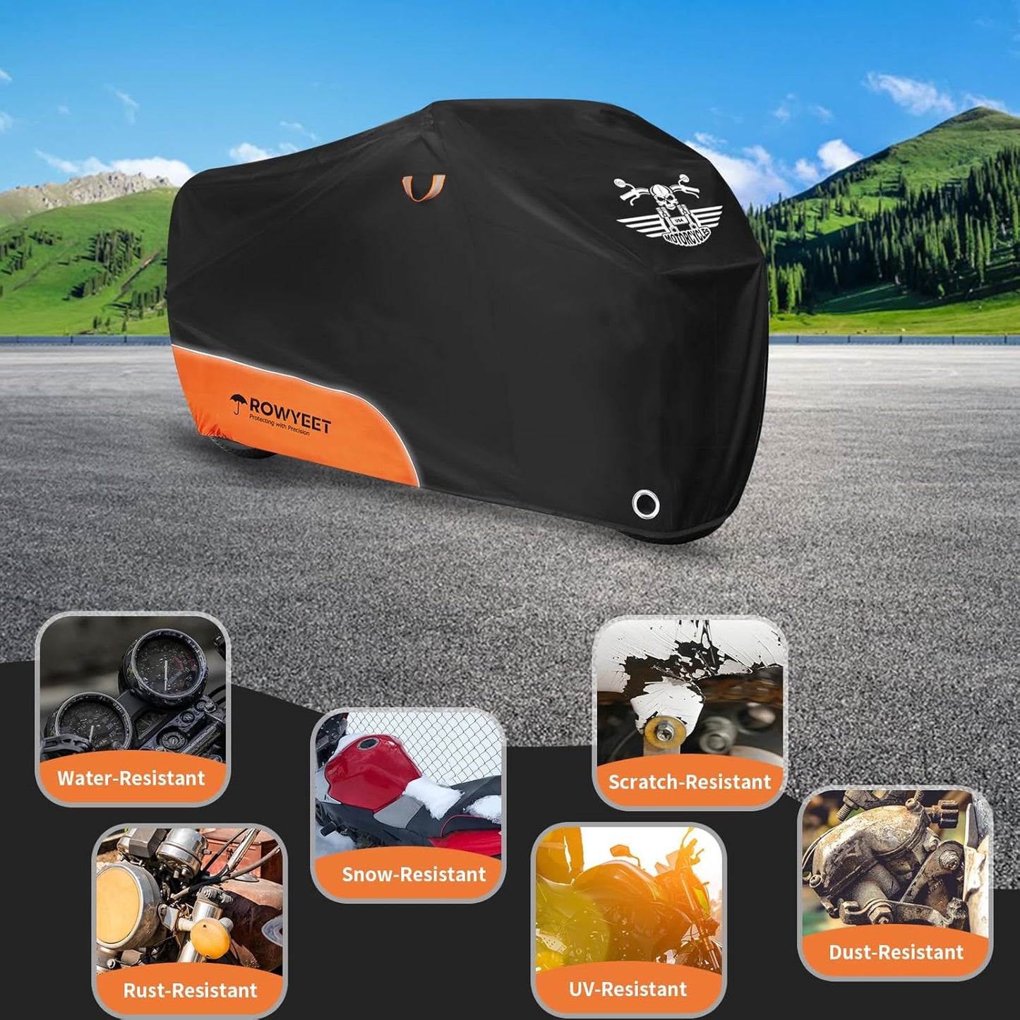 Motorcycle Cover Waterproof Outdoor Storage with Lock-Holes, Zipper Storage Bag & Night Reflective Design, All Season Protection Powersports Vehicle Covers Fits up to 104" Motorcycles