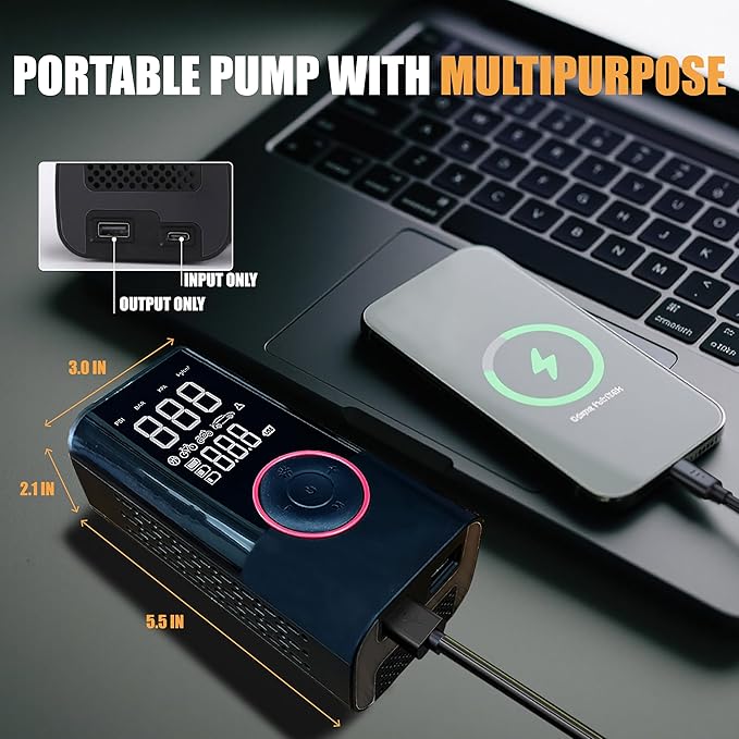 Tire Portable Air Compressor, Max 150PSI Cordless tire inflator with a digital pressure gauge, auto shut-off & LED light. Compact pump for car, bike, motorcycle, and ball