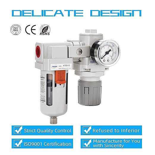 NANPU 3/8" NPT Compressed Air Filter Regulator Combo Piggyback, 5 Micron Element, Poly Bowl, Semi-Auto Drain, Bracket, Gauge (ARF3000)
