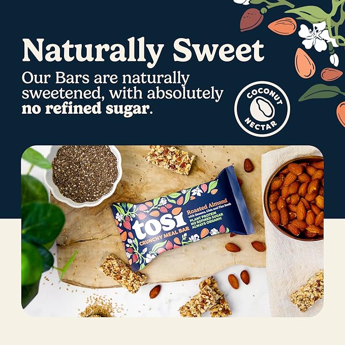 Tosi Almond Protein Bars, Plant Based with Nuts, Gluten-Free Crunchy Snacks, Vegan, Organic, Flax & Chia Seeds, Soy-Free, Omega 3s, 12G Protein, 2.4 oz, 12-Pack