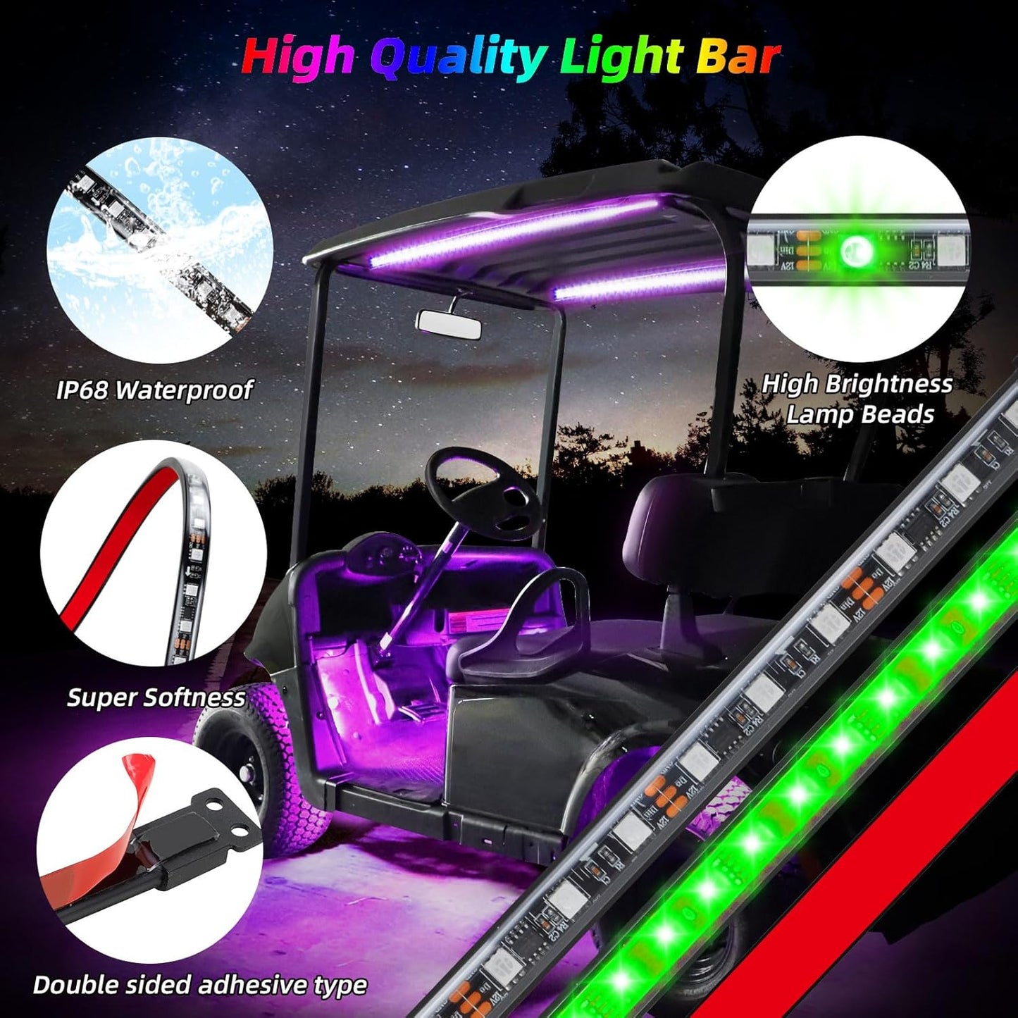 Roykaw Golf Cart Underglow LED Strip Lights Accent Neon Lighting Kit w/Canopy, Wheel Well & Interior Lights for EZGO Yamaha Club Car, Million Colors/Waterproof IP68/Sync to Music, Fits 12V-80V, 14PCS