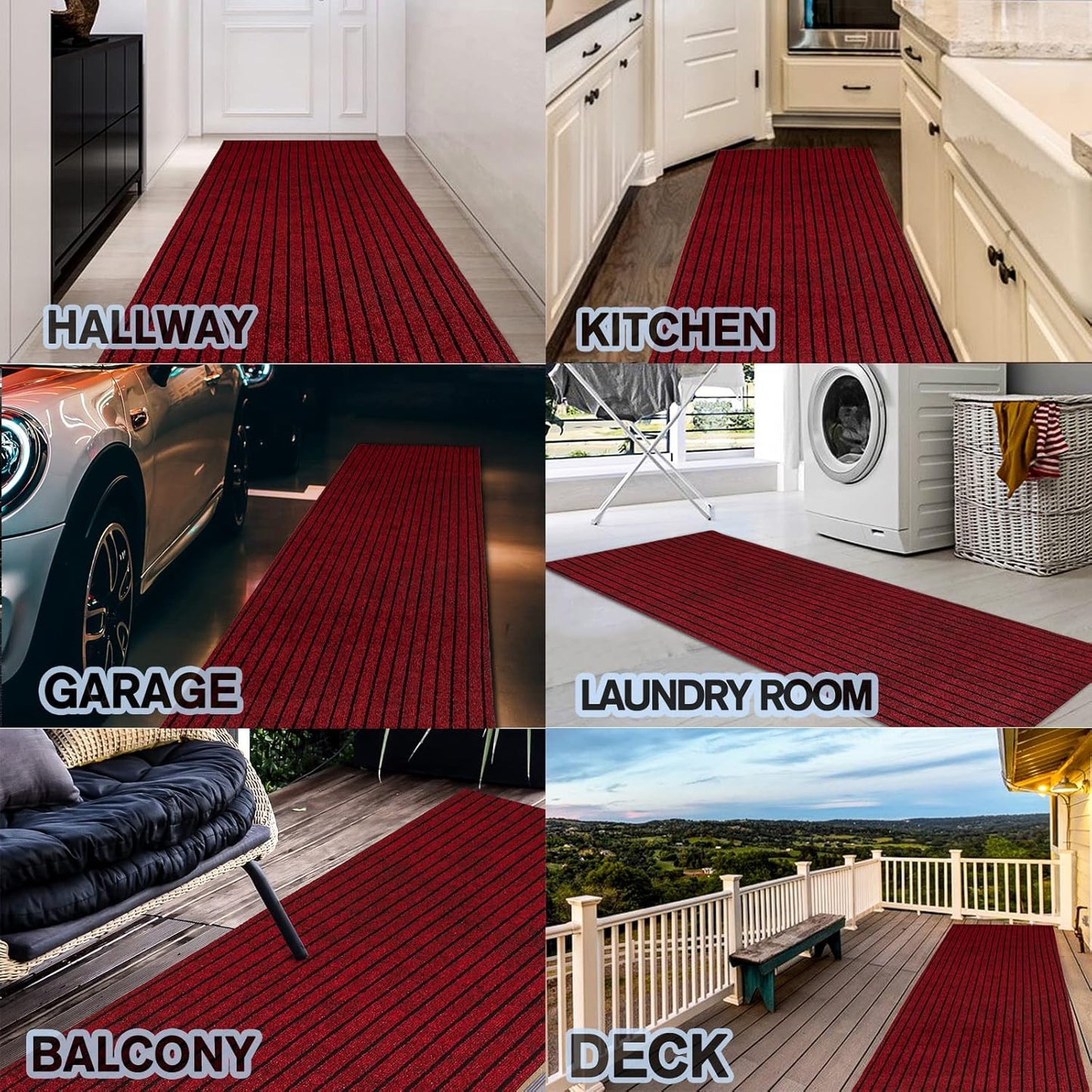 Custom Size Backed Non-Slip Area Rugs Runner, Easy Clean, Waterproof Runner Rugs for Hallway Entryway, Kitchen, Laundry, 3FT x 60FT, Red Stripe