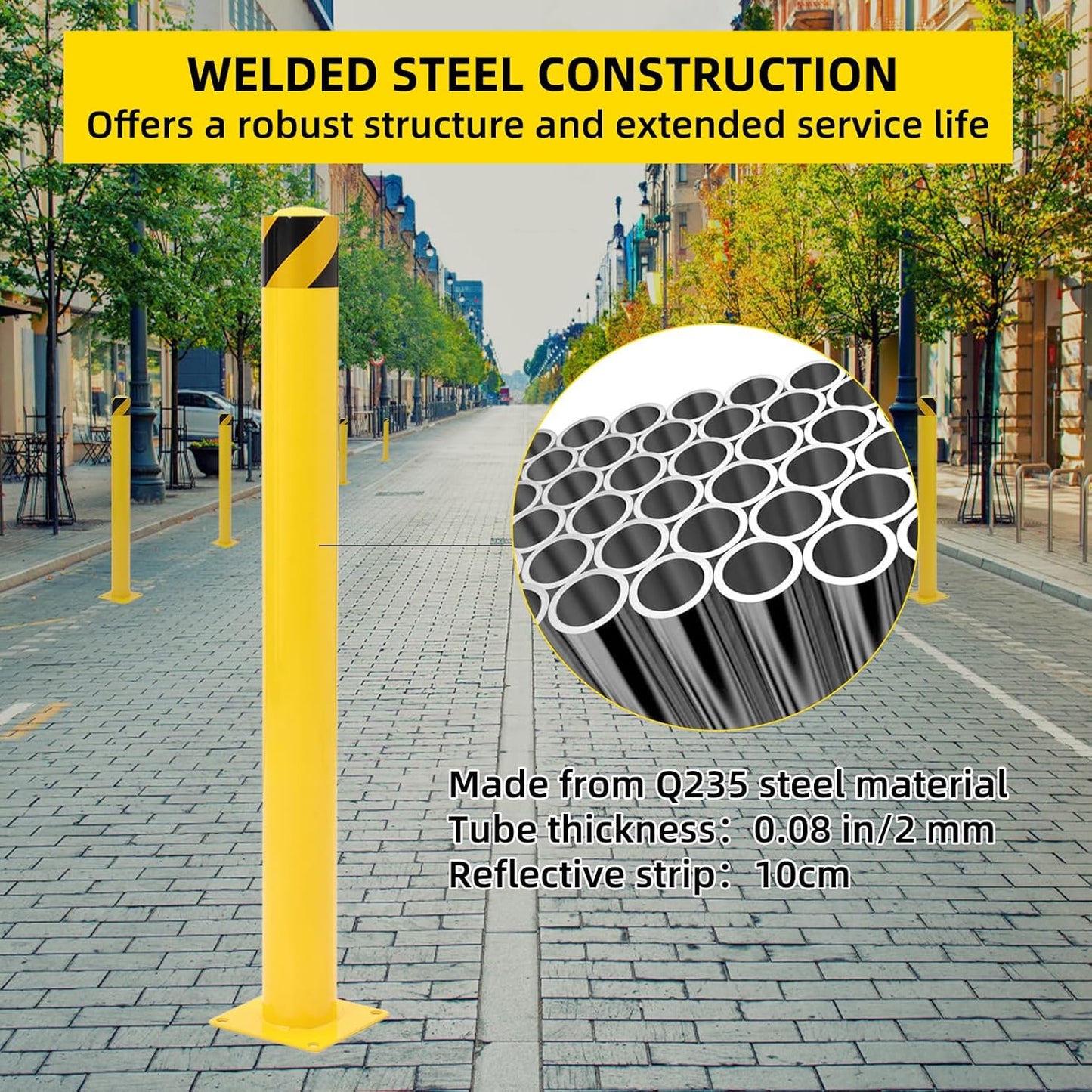 Safety Bollard 4 Packs, 48 Inch Height Steel Bollard Post for Parking Lot, 4.5 Inch Diameter Pipe, Yellow Safety Bollard Post with 8 Anchor Bolts, Ideal for Traffic-Sensitive Areas, Driveway Barrier