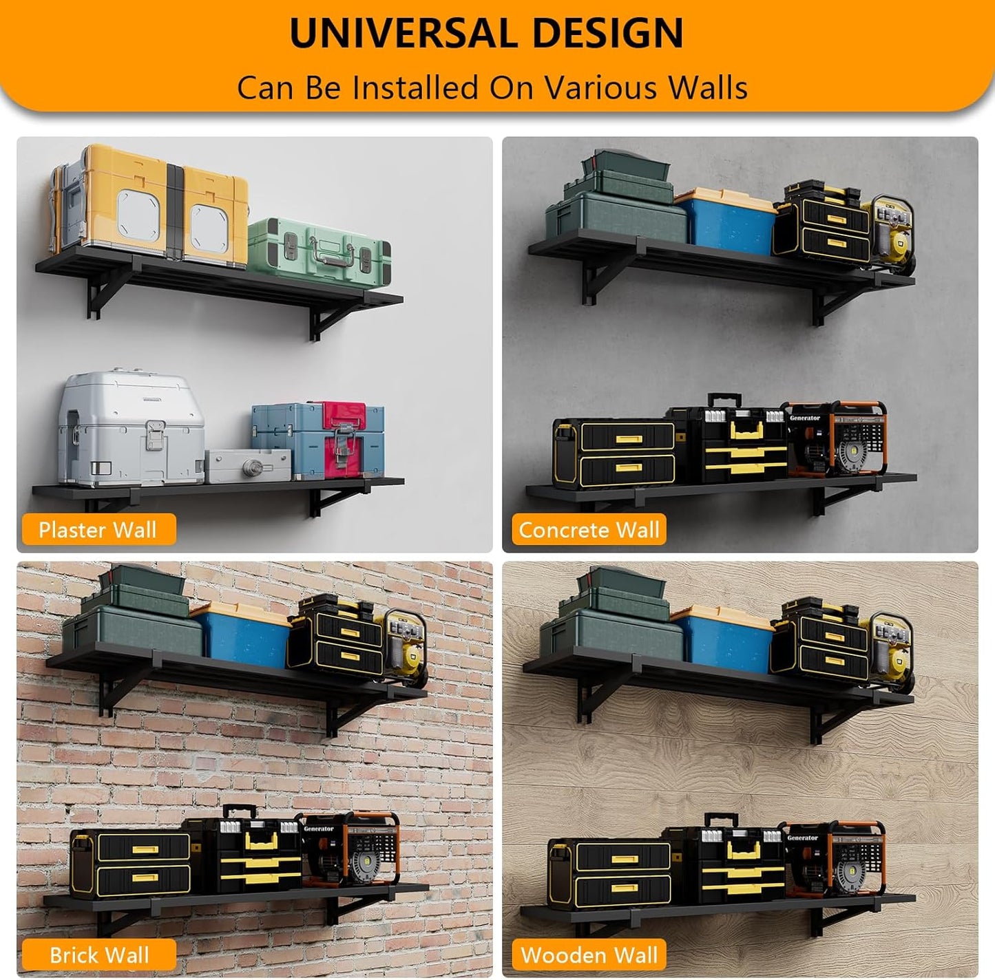 4-Pack 1.5x4ft Garage Shelving Wall Mounted, 1200lbs Load Capacity, Heavy Duty Garage Storage Shelves, Storage Rack, Black