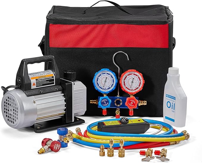 SUNROAD HVAC Air Vacuum Pump Set, 4 CFM 1/3HP A/C Refrigeration AC Manifold Gauge Kit for R410A R134a R12 R22 R502 Auto Air Conditioning Refrigeration Recharging