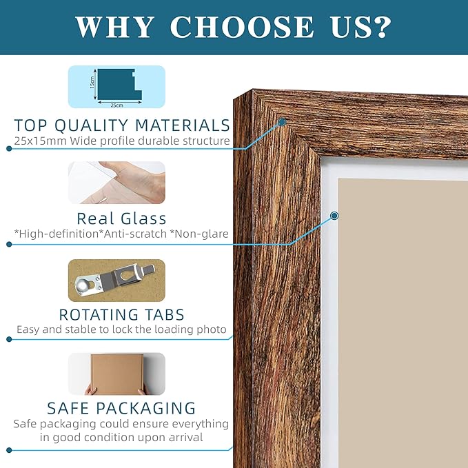 6x9 Picture Frame Set of 2, Made of Real Glass and Rustic Brown Wooden Frame - 6 by 9 Photo for Wall or Tabletop Display