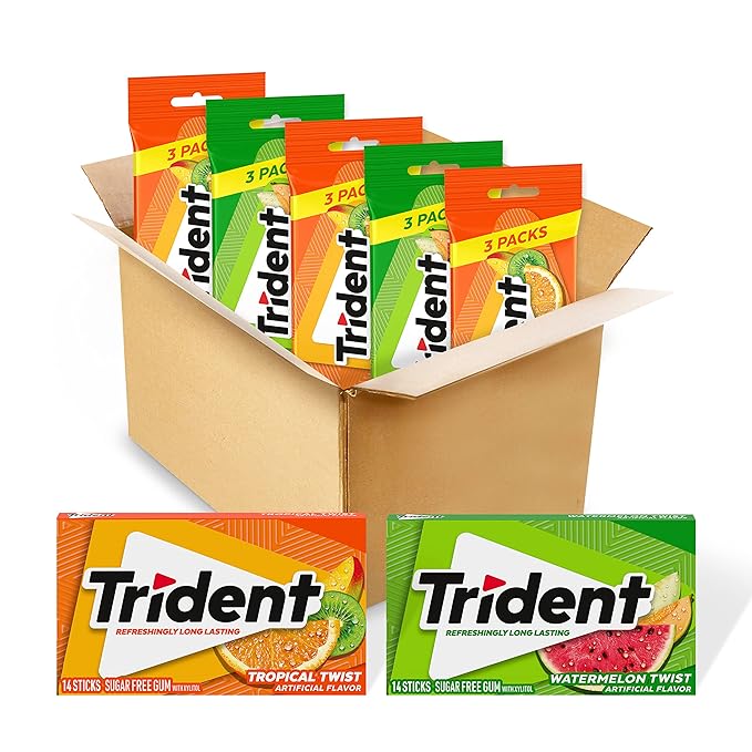 Trident Sugar-Free Chewing Gum Variety Pack Candy, Watermelon Twist & Tropical Twist Flavor, Bulk, 15 Packs of 14 Pieces (210 Total Pieces)