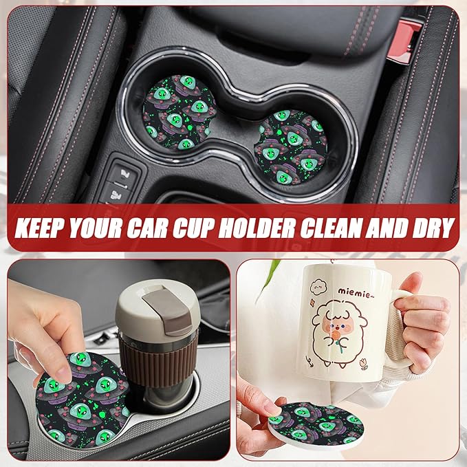 Alien Spaceship Car Coasters for Cup Holders, Absorbent Ceramic Car Coaster Car Cup Holder Coaster Car Accessories for Women Men (2 Pack)