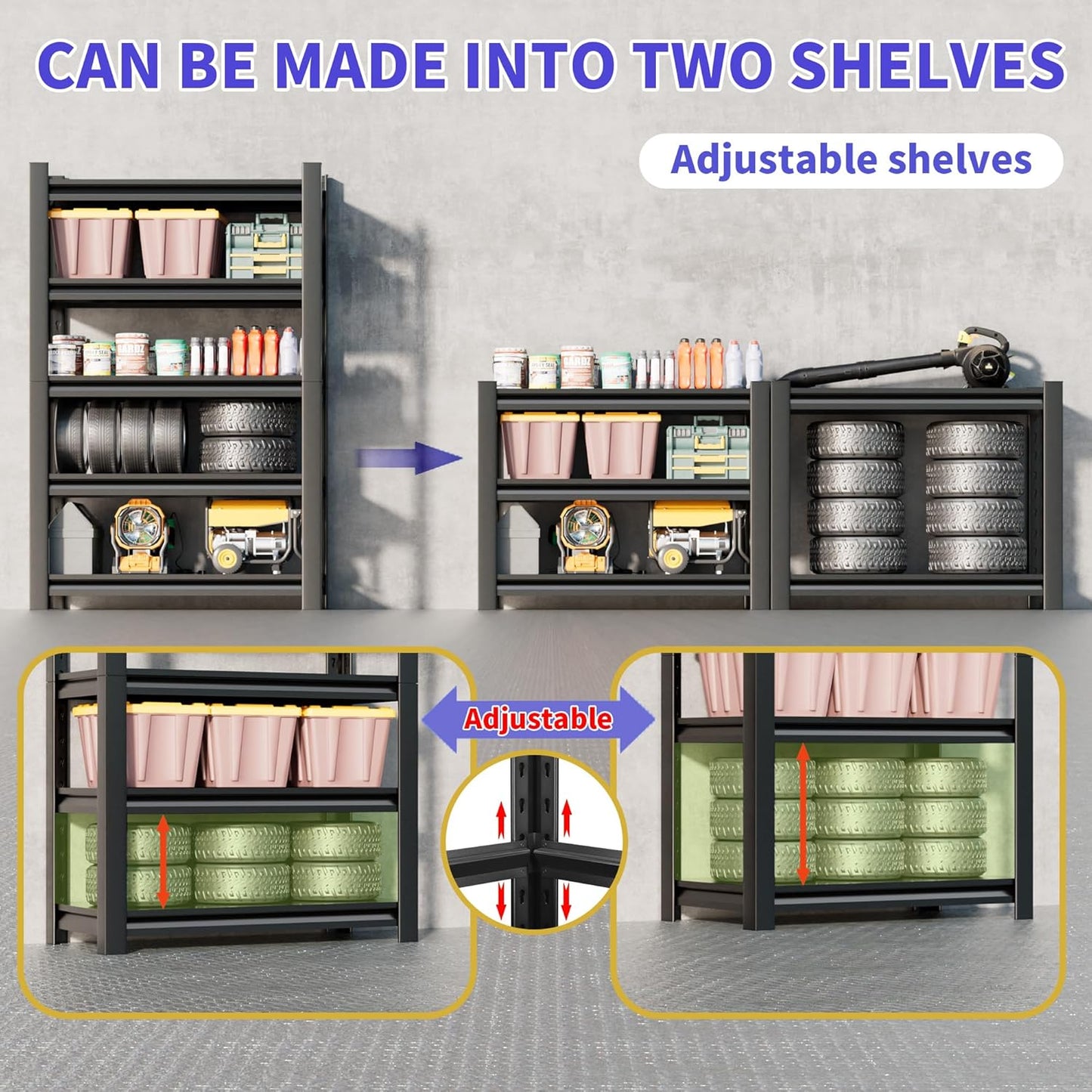 5-Tier Heavy Duty Metal Garage Shelving Unit, 24" D x 48" W x 87" H, Industrial Style, Adjustable Shelves, 3000 lbs Capacity