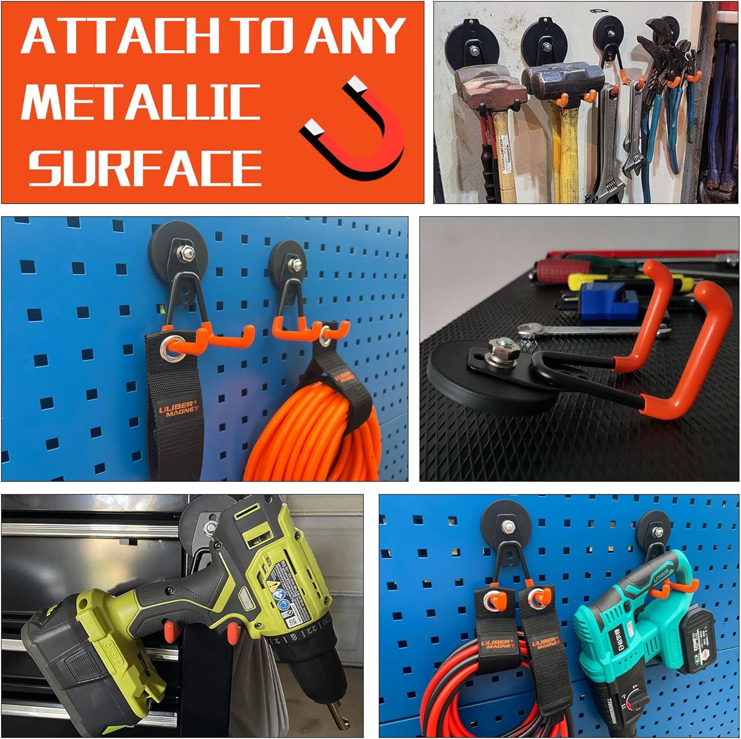 ULIBERMAGNET Heavy Duty Magnetic Garage Hook,10 Pack Strong Large Magnet Hooks for Power Drill,Garden Tools,Hose,Pegboard,Garage, Workshop,Magnetic Storage Hooks for Indoor Outdoor Hanging(Orange)